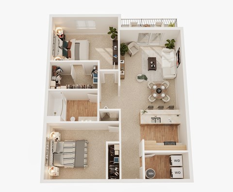Floor plan for 2 beds, 1 bath, 743 sqft
